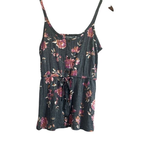 Maurice's XS Floral Print Button Front Ribbed Romper Gray Pink Sleeveless‎ - Picture 1 of 5